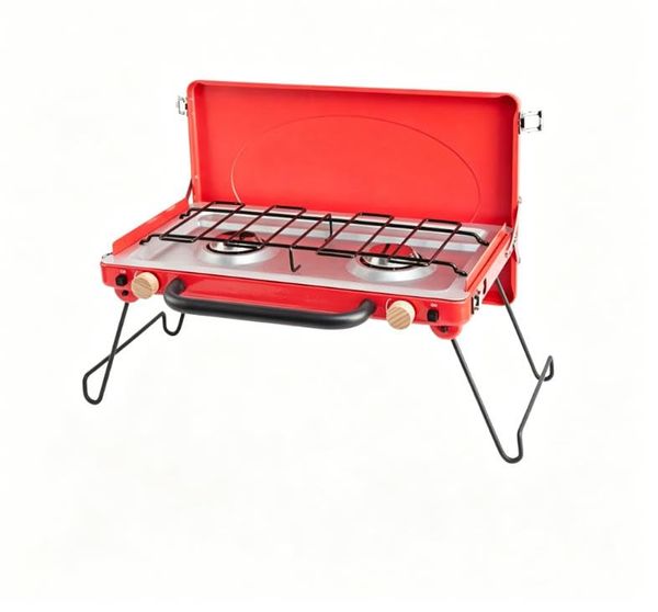 Tragbarer 2-Brenner Grill, kleiner Propangasgrill für Camping, tragbarer Gasgrill für Outdoor-Küche, 2.9 kW * 2-red