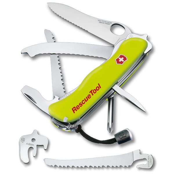 Victorinox Schweizer Taschenmesser Rescue Tool MW, Rettungsmesser Feuerwehr, 13 Funktionen, Klinge Wellenschliff, Einhand-Feststellklinge