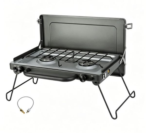 Tragbarer 2-Brenner Grill, kleiner Propangasgrill für Camping, tragbarer Gasgrill für Outdoor-Küche, 2.9 kW * 2-grey
