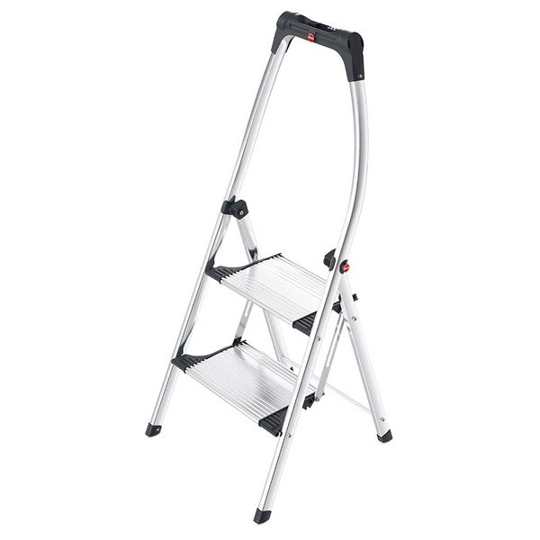 Hailo K100 Topline Alu-Klapptritt-Leiter - 2 extra große Stufen bis 150kg - Komfort-Trittleiter mit hochgeschwungenem Sicherheitsbügel & Abl