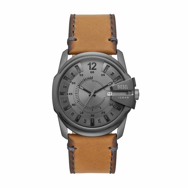 Diesel Herrenuhr Master Chief Dreizeiger, Gehäusegröße 46 mm, Edelstahluhr mit Lederarmband