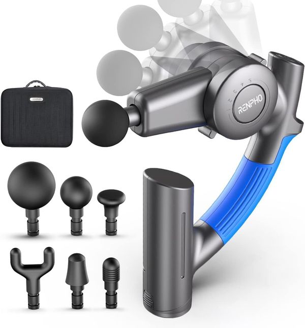 Massagepistole, RENPHO Muskel Massage Gun Massagepistole Elektrisch mit Verstellbarem Arm und 6 Massageköpfen, Leichtes Tragbares Körpermassagegerät zur Muskelmassage Entspannen