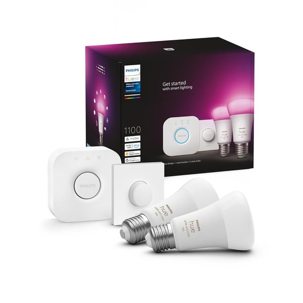 Philips Hue White & Color Ambiance Starter Set E27 – 2 smarte LED-Lampen (1100 Lumen), Smart Button und Hue Bridge, 16 Mio. Farben