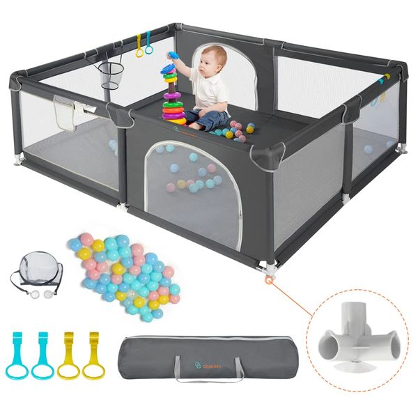 COMOMY Laufstall Baby XXL 180x200cm – Großes Laufgitter mit Sicherheitsmesh und Zubehör