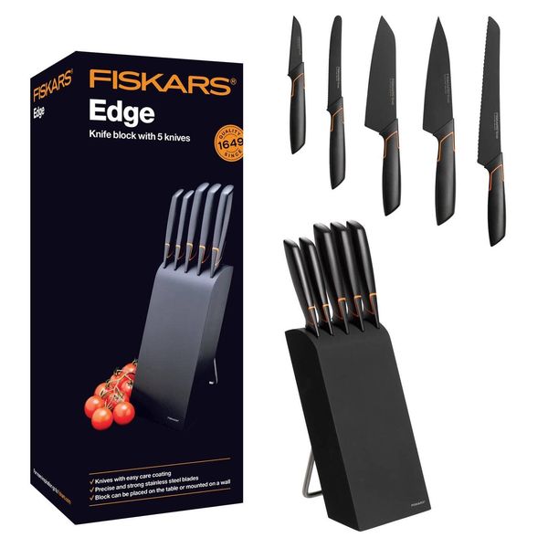 Fiskars Design-Messerblock mit 5 Messern, Breite: 15,5 cm, Höhe: 37 cm, Birkenholz, Schwarz, Edge, 1003099