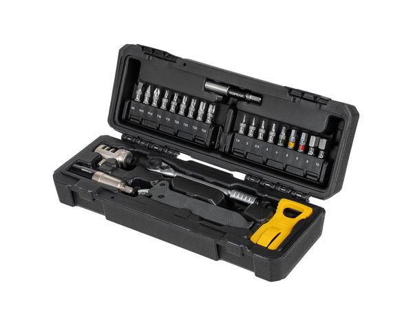 Topeak Essential Toolshop Kit - 24-teiliges Heimfahrrad-Reparaturset mit Ratsche Rocket HD, Nano TorqBar, Kettenwerkzeug & tragbarer Tragetasche