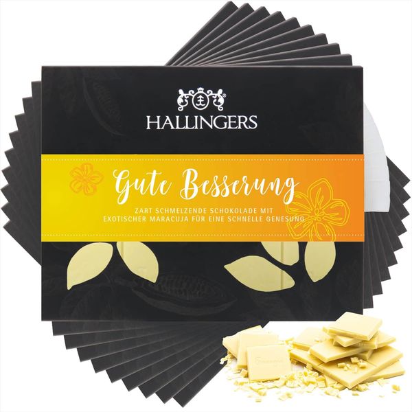 Hallingers Genuss Manufaktur Weiße Schokolade Geschenk - Tafel handgeschöpfter Edelkakao ohne Alkohol edler Karton 10x "Gute Besserung" Maracuja, Geschenkidee für Frauen Männer