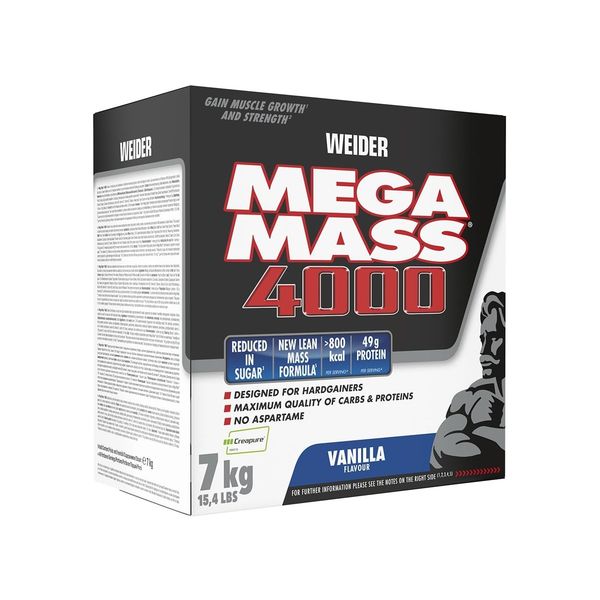 Weider Mega Mass 4000 - Weight Gainer Pulver mit 48g Protein & Kreatin pro Portion - 7kg - Vanille
