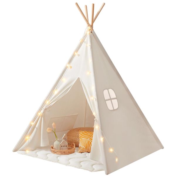 Tiny Land Tipi Zelt für Kinder, Drinnen und Draussen Spielzelt Mit Gepolsterter Decke, Lichterkette & Aufbewahrungstasche - Segeltuch Kinder