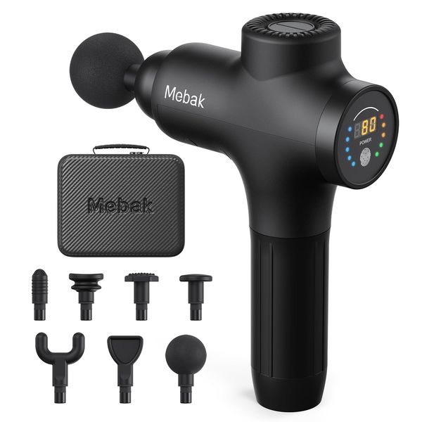 Mebak 3 Massagepistole Massagegerät Massage Gun Muskel 3200U/min 12MM Amplitude Elektrisches Handmassagegerät Faszien Tiefengewebe Tragbares für Nacken Rücken Körper mit 7 Köpfen 5 Stufen 2600mAh Akku