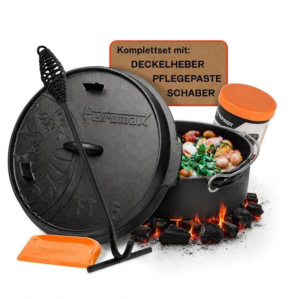 Petromax Feuertopf ft6 Einsteiger-Set - Dutch Oven mit Standfüßen inklusive Deckelheber, Pflegepaste und Schaber - für alle Grillarten und offenes Feuer - 5,5 Liter