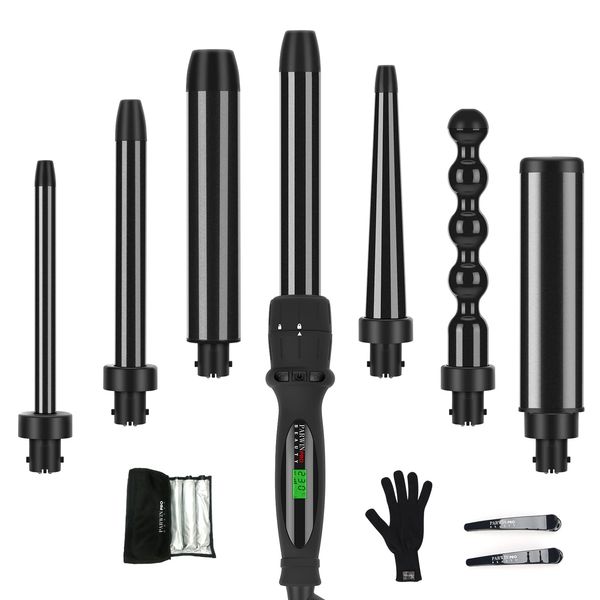 Parwin Pro Beauty Lockenstab, 7-in-1, professionelle Haarstyling-Geräte und Styling-Werkzeuge, Lockenstab aus Keramik mit 7 Heizstäben, 100 – 230 °C, LCD-Display