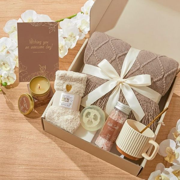 Geschenkkorb für Frauen Geburtstag Pflege Paket mit Keramiktasse Goldener Löffel Strickdecke Perfekt Gute Besserung Denken an Sie Weihnachtsgeschenke für sie, Mutter, Freund