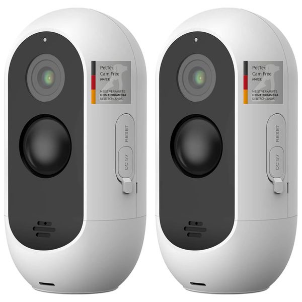 PetTec® Cam Free 2er Set - Wireless Haustierkamera Hundekamera mit App [OHNE ABO-Falle] - Katzen & Hunde Kamera Indoor/Outdoor - Bewegungserkennung & Sprachfunktion - Akku bis zu 9 Monate ohne Laden