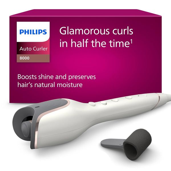 Philips automatischer Lockenstab 8000 Series, Lockenwickler/Curler mit MoistureProtect Technologie, 27 verschiedene Stylingoptionen, Weiß, Modell BHB878/00