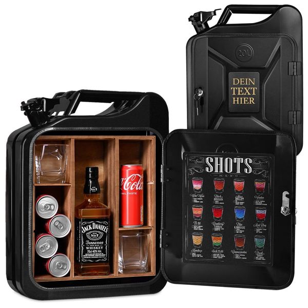 Maverton 20L Kanister Mini Bar mit Gravur - Jerrycan schwarzer Metall Mobile Bar - Geburtstagsgeschenk für Männer personalisierte Geschenke
