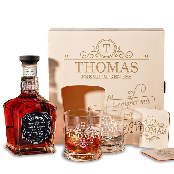 Holzkiste Personalisiert mit Gravur - mit Jack Daniel's Single Barrel Tennessee Whiskey - 6-TLG Whisky Geschenk-Set Motiv - Initial Ornament