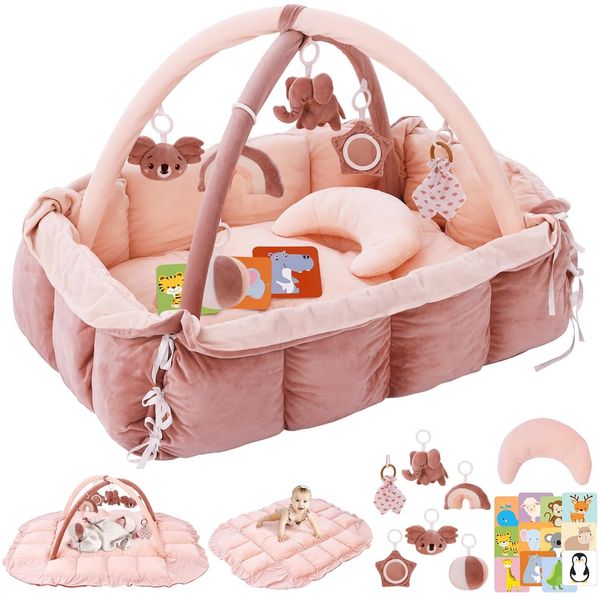 BOBY´S Baby Spielbogen mit Babynest & Krabbeldecke – Baby Gym mit Spielzeug – Spielmatte, Laufstall & Bällebad – weich gepolstert für Neugeb
