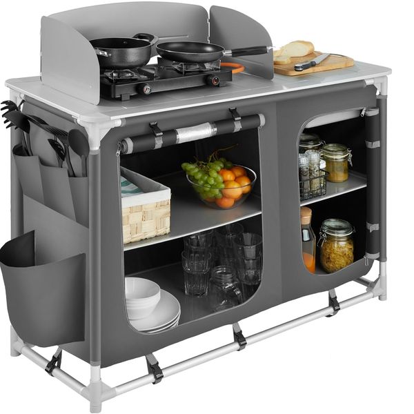 tectake® Camping Küche, Campingschrank faltbar, Reiseküche, Küchenschrank mit Arbeitsplatte und Staufächern für Outdoorküche, Vorzelt, Wohnw