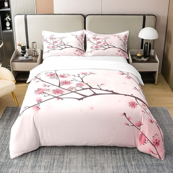 Bettbezug, 240 x 260 cm, Kirschblüten, Bettwäsche mit rosa Blüten, Bettwäsche-Set für japanischen Frühling, Bettbezug mit Blütenblättern in
