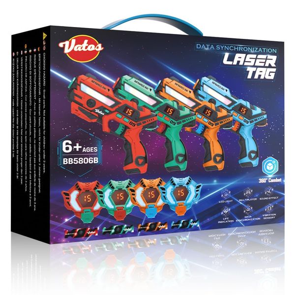 VATOS Laser Tag mit 360°Sensoren Set für 4 Spieler, 2,4 GHz Wiederaufladbare Infrarot Laser Tag Pistole mit Echtzeit-Datenanzeige,Familiensp