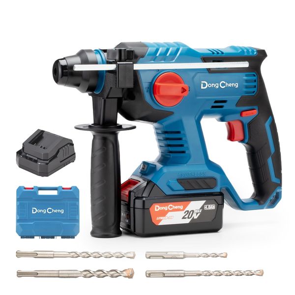 DongCheng Akku Bohrhammer 20V, Schlagenergie 2.1 J, mit 4 Stück SDS-plus, Bohren bis 28 mm, Bürstenloser Bohrhammer Motor, Anti-Vibrationsgriff, inkl. 4Ah Akku und 2A Ladegerät im Handwerkerkoffer