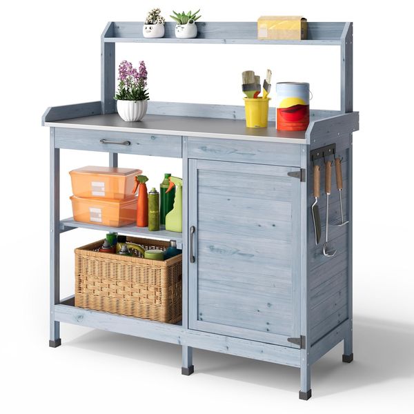 Gärtnertisch, Pflanztisch mit Schubladen & Unterschrank, Garten Arbeitstisch aus Holz mit verzinkter Arbeitsplatte, für Garten, Balkon, Terrasse, 112x46x125 cm, Grau