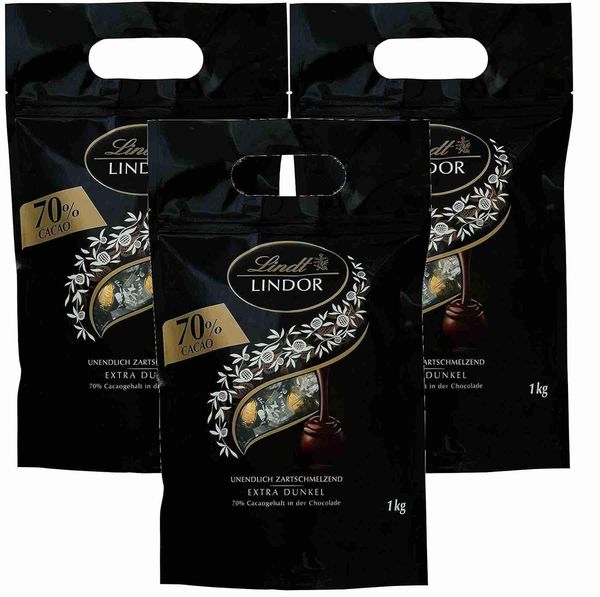 Lindt LINDOR Schokoladen Kugeln extra dunkel | 1 kg Beutel, wiederverschließbar | ca. 80 Kugeln Edelbitterschokolade | Dunkle Schokolade mit 70% Kakao | Großpackung, Pralinen-Geschenk (3 x 1 kg)