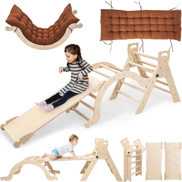 Klettergerüst Indoor Montessori Holz – 5in1 Kletterdreieck Kletterbogen mit Rutsche