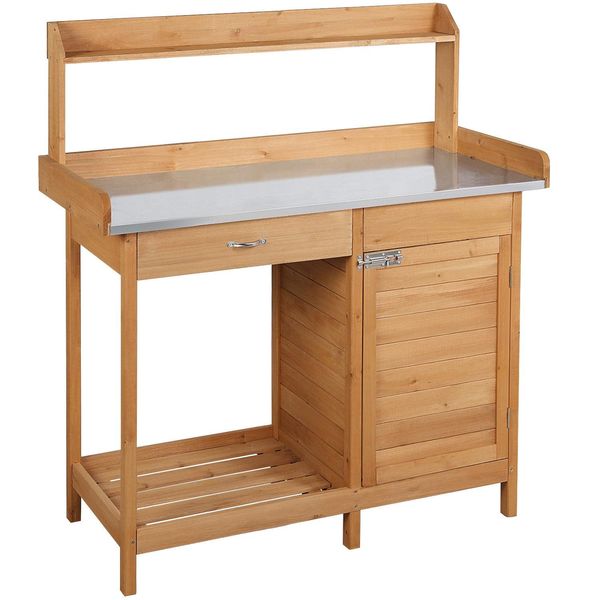 Yaheetech Gärtnertisch 112 x 46,5 x 125 cm Pflanztisch mit verzinkter Arbeitsplatte Schublade Unterschrank, Garten Arbeitstisch aus Holz, Blumentisch Hellbraun