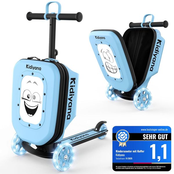 Kinder Scooter mit Koffer, Handgepäck Koffer mit Roller, LED-Rädern, Höhenverstellbarer Lenker, A5 Sichtfenster, 7cm Stauraumerweiterung, Kl