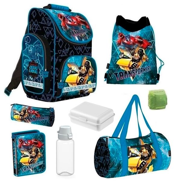 Familando - Schulranzen Set 8-teilig mit Sporttasche - Transformers - Ergonomisch, stabil & mit gepolstertem Rücken - 1000g leicht - 15L Vol