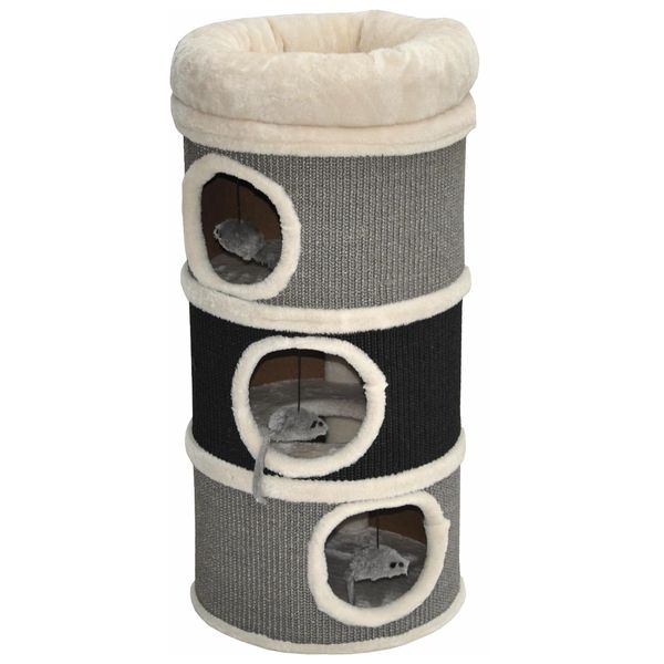 nanook Kratztonne Bella aus Sisal, Höhe 80 cm, Spieltonne für Katzen ø 35 cm, Katzenkratzbaum mit 3 Höhlen, Katzenbaum, Kratzturm aus Sisal, Katzenmöbel, Grau Schwarz