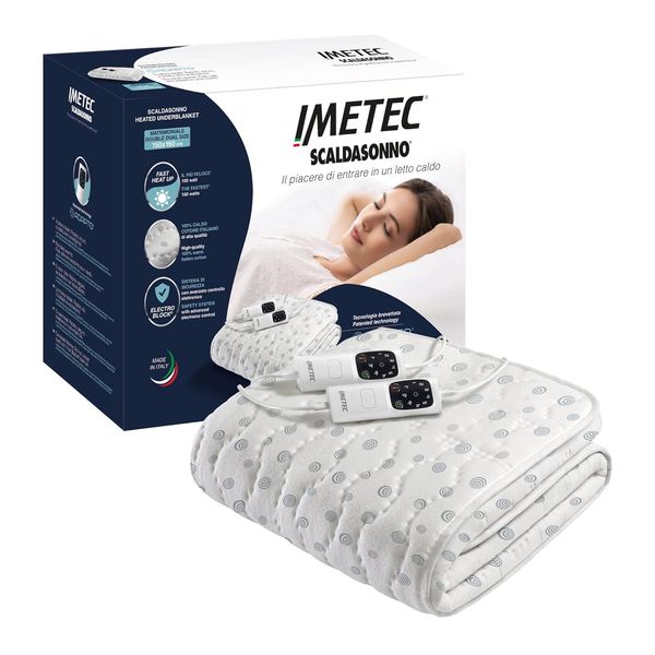 Imetec Adapto, Doppelwärmeunterbett, 150x160 cm, geringer Verbrauch, patentierte Technologie, schnelle Erwärmung, individuelle Temp., 100 % Baumwolle, Made in Italy, 2 Steuerungen, 6 Temp.
