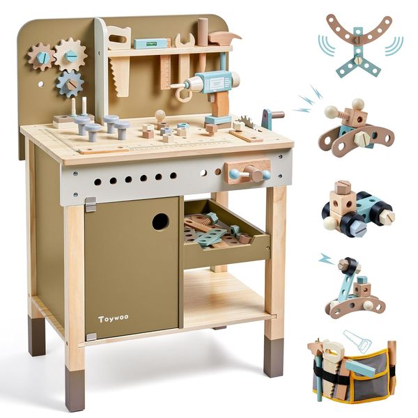 Kinder Werkzeug Set, hölzerne Werkzeuge Bank mit Schürze Kleinkind Spielzeug Werkbank Mit Realistischen Werkzeugen Elektrische Bohrmaschine