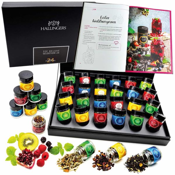 Hallingers Genuss Manufaktur Tee Geschenk-Set - 24 Sorten premium loser Tee Probierset in edler Geschenkbox mit Rezept-Booklet "24er Tee-Set & ...", Geschenkidee für Frauen Männer