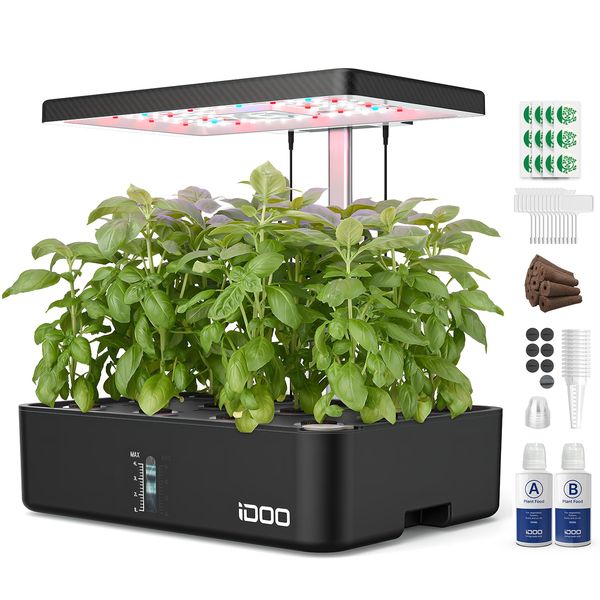 iDOO Hydroponic System, Smart Garden, Hydroponisches Anzuchtsystem,12Hülsen, mit Automatisch Timer, Smart Garden mit LED Pflanzenlampe und Ventilato, Höhenverstellbar kräutergarten Set, Schwarz