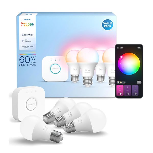 Philips Hue Essential Starter-Set: Bridge + 4 Essential E27 Smart Leuchtmittel, White und Color Ambiance LED Licht, 2200-6500K, dimmbare LED Lampen, funktioniert mit diversen Sprachassistenten
