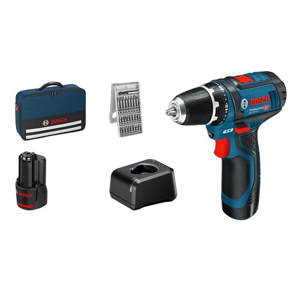 Bosch Professional 12V System Akku Bohrschrauber GSR 12V-15 (inkl. 2x 2.0Ah Akku, Ladegerät GAL 12V-20, 25-tlg.-Bit-Set, Werkzeugtasche)