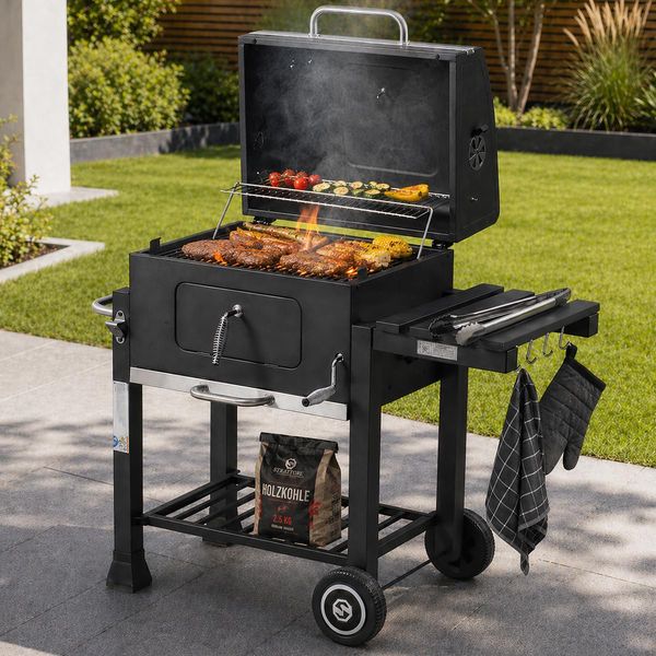 Holzkohlegrill XL BBQ Grillwagen mit verstellbarem Standgrill und Deckel