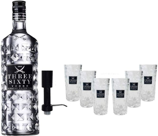 Three Sixty Vodka Geschenkset 3 L mit Pumpe und 6 Shotgläsern