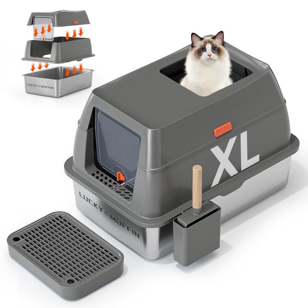 3-in-1 Premium Edelstahl-Katzentoilette mit abnehmbarem Deckel, geschlossene XL extra große hochseitige Metallbox für Big Kitty mit Schaufel, Eingang Oben, Geruchskontrolle, Anti-Auslaufen