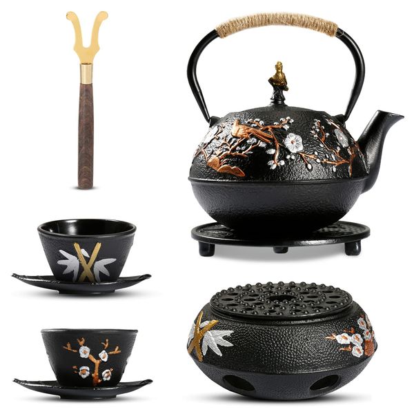 Dyna-Living Gusseisen-Teekanne mit Stövchen, 720 ml, japanische Teekanne mit Teesieb, Gusseisen, Teekannen-Set mit 2 Teetassen, japanischer Stil, Teekanne für Herd, Teekessel für den Heimgebrauch