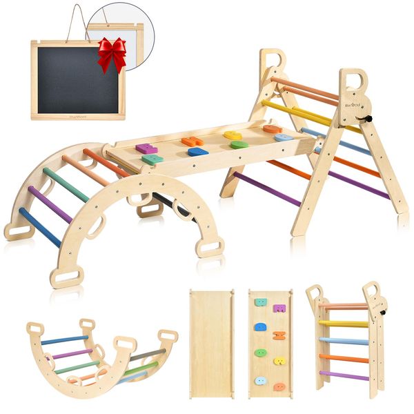 BlueWood 7-in-1 Montessori Indoor Klettergerüst – Holz-Dreieck mit Bogen, Rampe und Rutsche