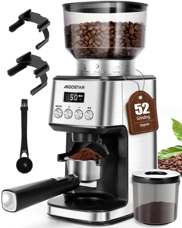 Aigostar Elektrisch Kaffeemühle mit 52 Mahleinstellungen, Kegelmahlwerk Geeignet für Espresso, Professionelle Elektrische Kaffeemühle mit Präzisem Digital Display, Edelstahl Coffee Grinder, Silber