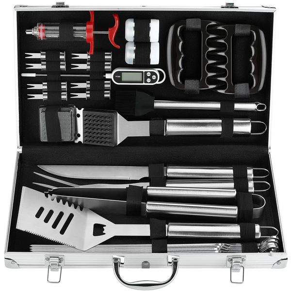 POLIGO Exklusives Grillzubehör in Aluminiumkoffer für Geburtstag, Weihnachten, Grill-Geschenke – Premium-Grillbesteck Set mit Grillkrallen, Fleischeinspritzer, Thermometer für Smoker, Camping