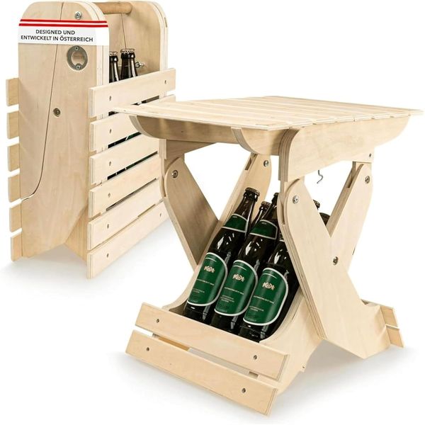 W4 Products Männerhandtasche Holz - Klappbarer Bierträger mit Sitzfunktion - Bier Geschenk für Männer & Bierliebhaber - 6er Flaschenträger a