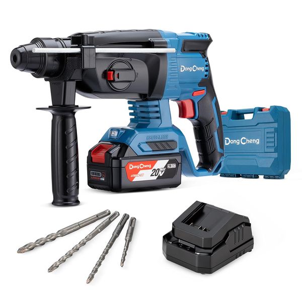 DongCheng Akku Bohrhammer 20V, Schlagenergie 2.8 J, mit 4 Stück SDS-plus, Bohren bis 28 mm, Bürstenloser Bohrhammer Motor, Anti-Vibrationsgriff, inkl. 4Ah Akku und 2A Ladegerät im Handwerkerkoffer
