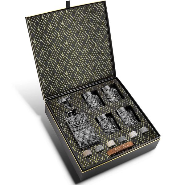 Whisky Geschenkset – 4 Whisky Gläser und Handgefertigte Whisky Steine aus Granit zum Kühlen – Whisky Karaffe aus Glas für Likör- Scotch- und Bourbon-Verkostungen – Geschenkbox mit Goldfolie von Rocks