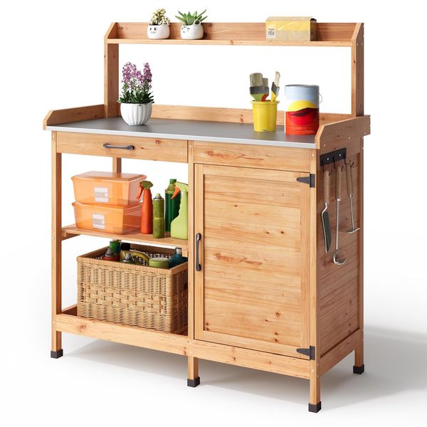Gärtnertisch, Pflanztisch mit Schubladen & Unterschrank, Garten Arbeitstisch aus Holz mit verzinkter Arbeitsplatte, für Garten, Balkon, Terrasse, 112x46x125 cm, Natur